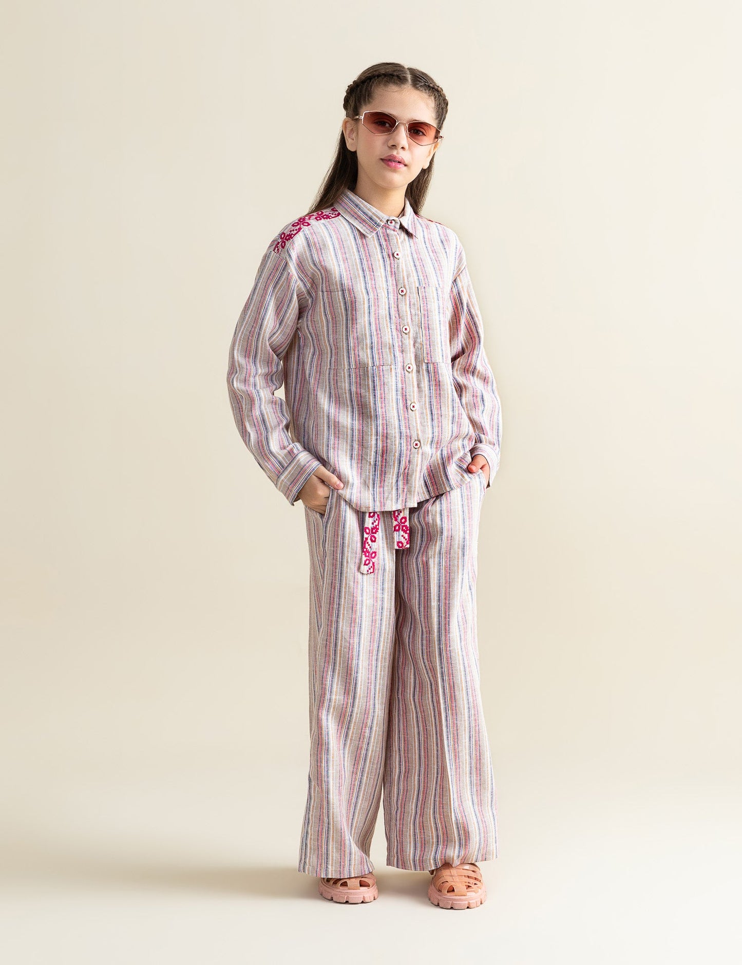 2 PIECE STRIPED EMBROIDERED SUIT