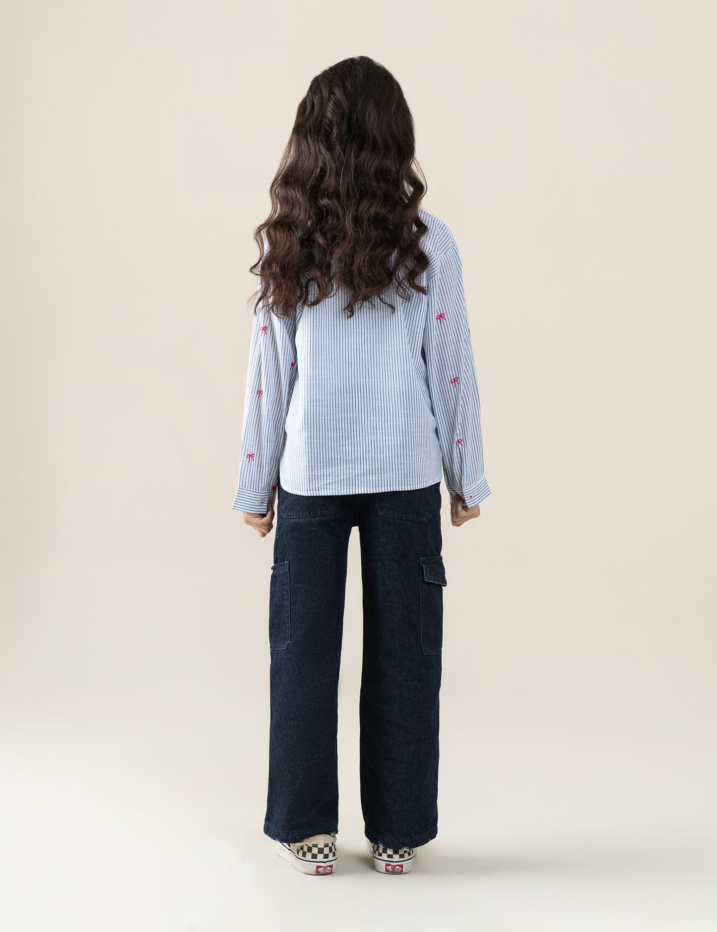 STRIPED EMBROIDERED BUTTON DOWN TOP