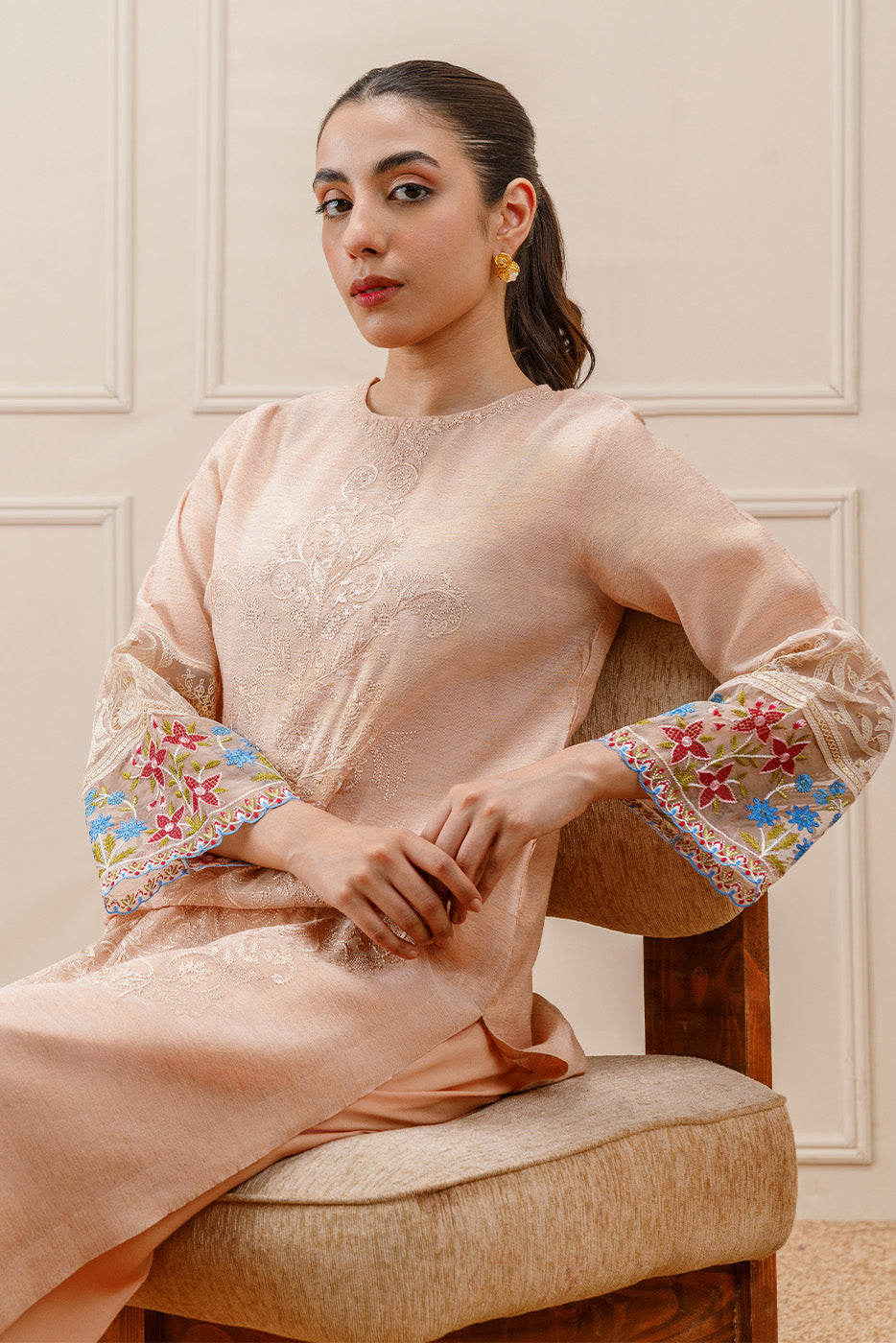 2 PIECE EMBROIDERED GOLD NET SUIT (PRET)