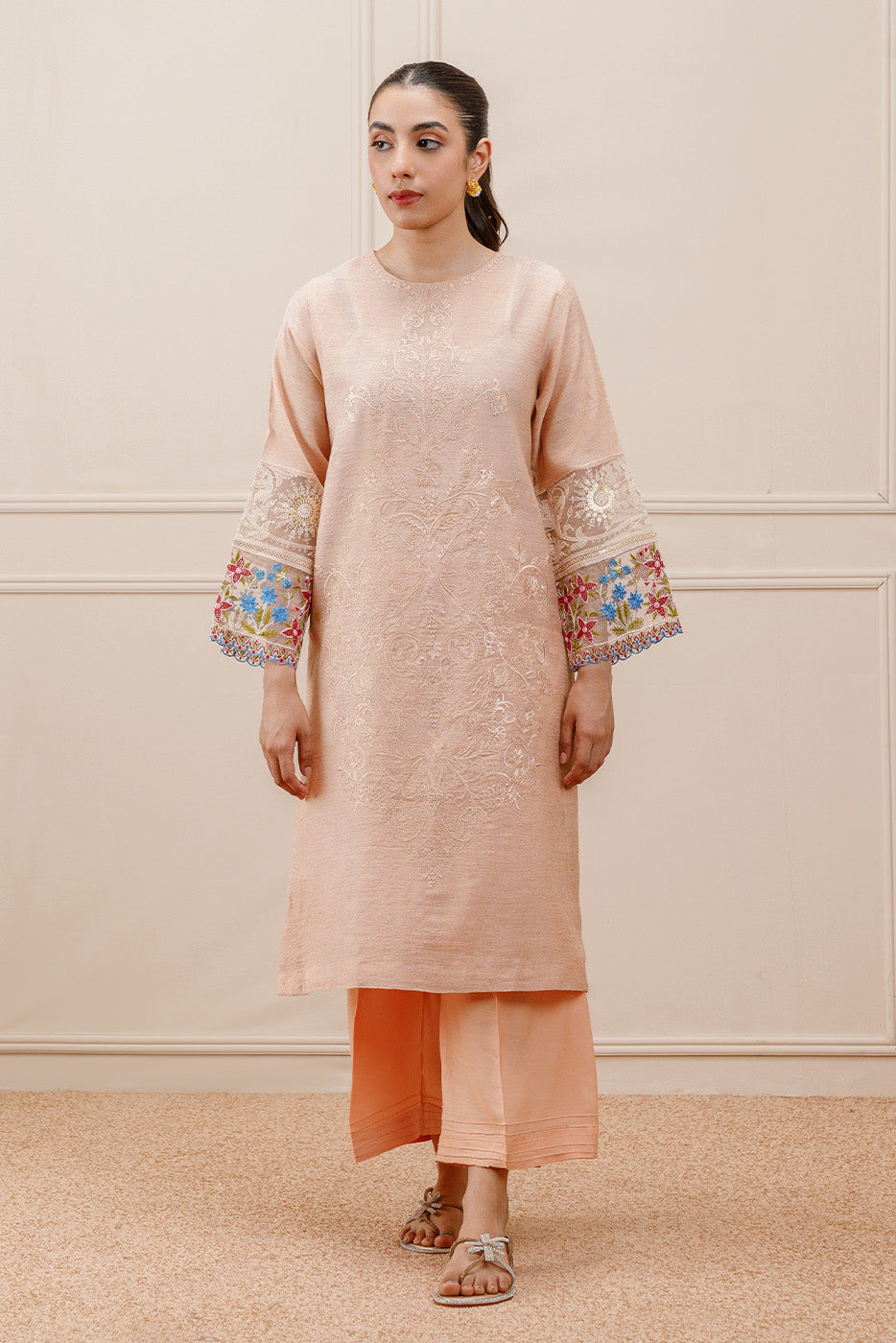 2 PIECE EMBROIDERED GOLD NET SUIT (PRET)