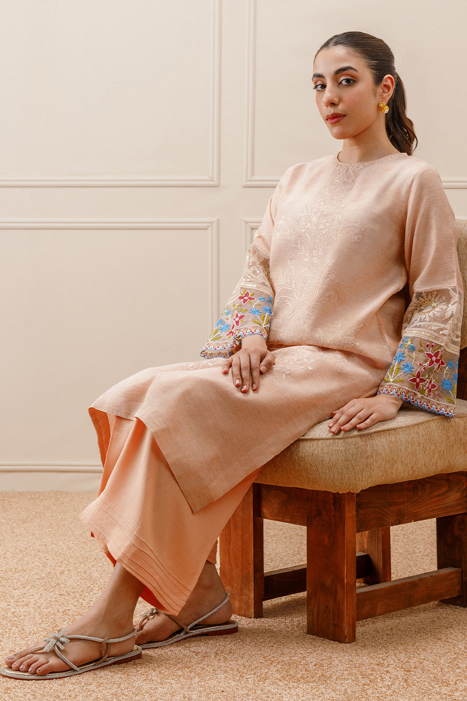 2 PIECE EMBROIDERED GOLD NET SUIT (PRET)