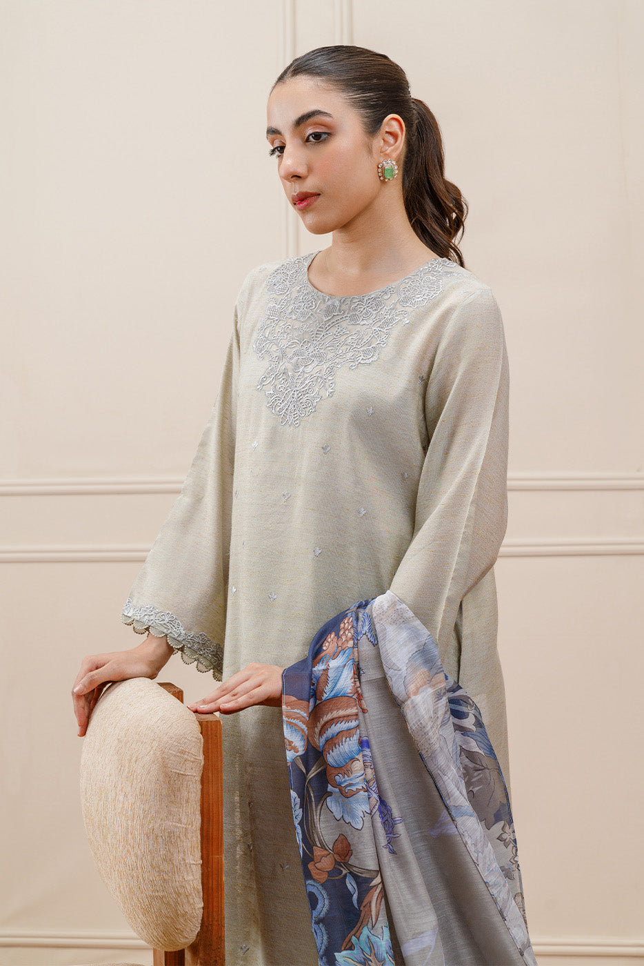 3 PIECE EMBROIDERED GOLD NET SUIT (PRET)