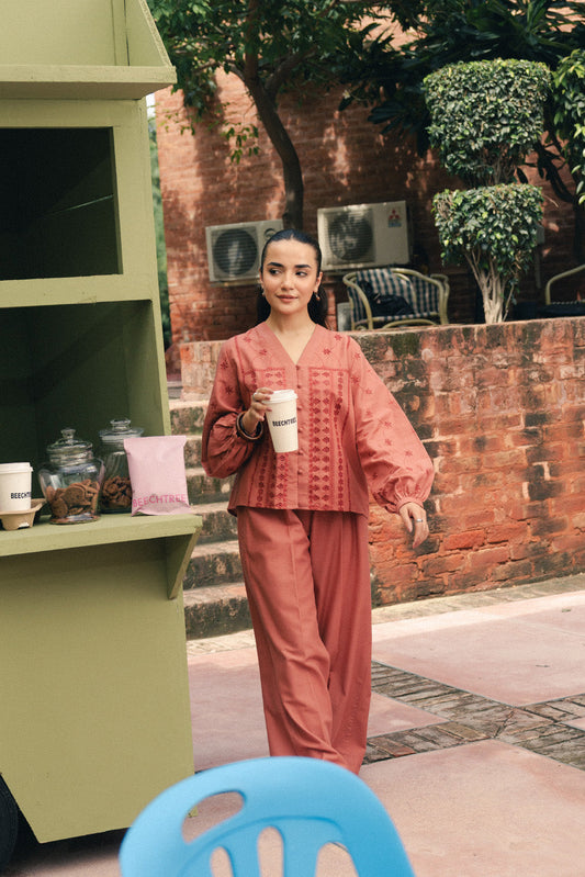 V-NECK EMBROIDERED CO-ORD SET