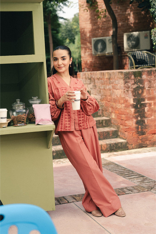 V-NECK EMBROIDERED CO-ORD SET