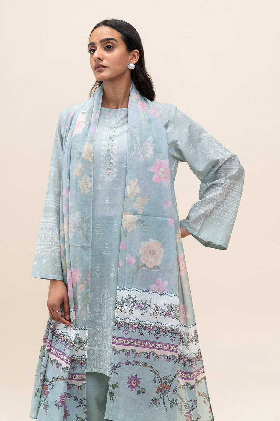 3 PIECE PRINTED LAWN SUIT-PISTACHIO ORCHID (UNSTITCHED)