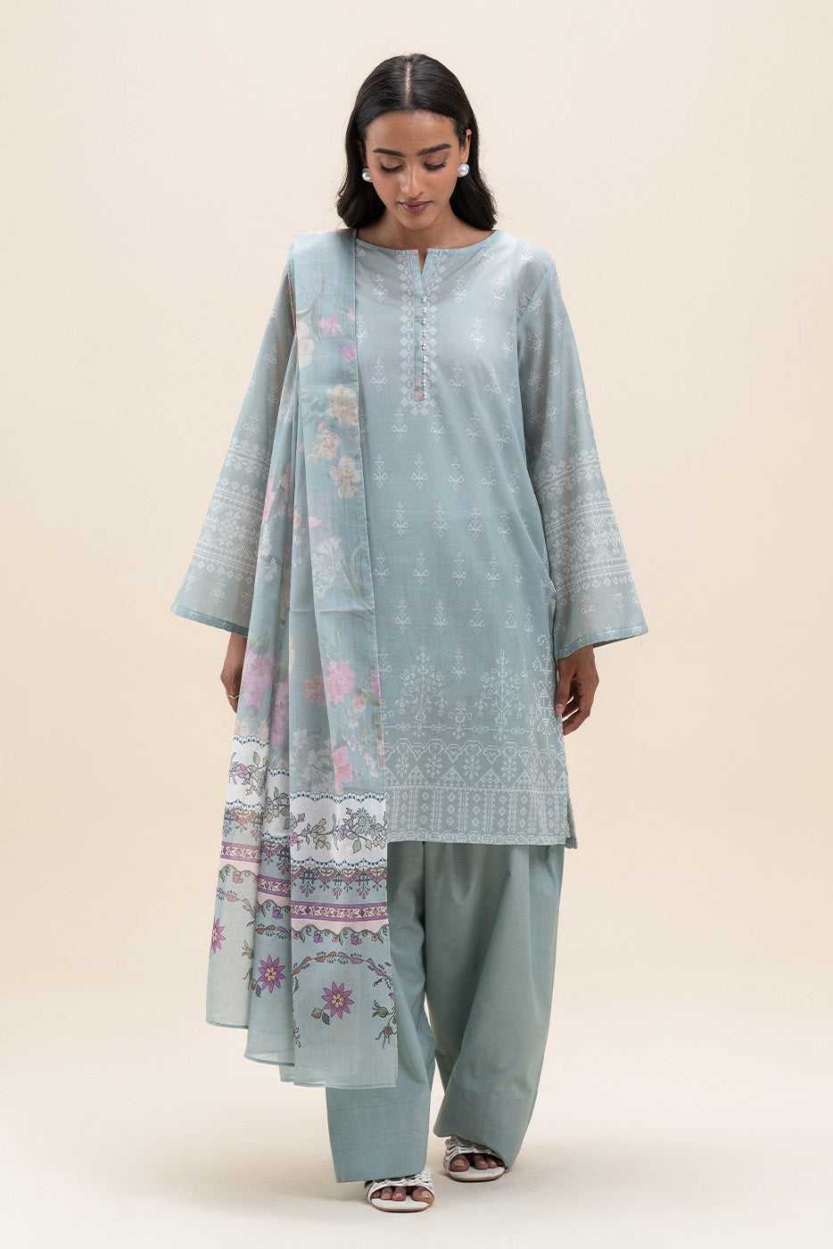 3 PIECE PRINTED LAWN SUIT-PISTACHIO ORCHID (UNSTITCHED)