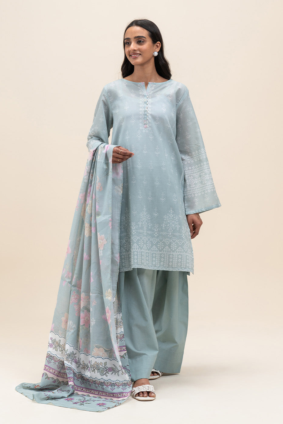 3 PIECE PRINTED LAWN SUIT-PISTACHIO ORCHID (UNSTITCHED)