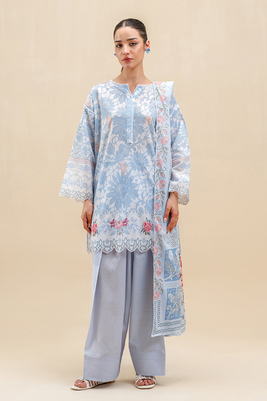 3 PIECE PRINTED LAWN SUIT-CERULEAN FLUORESCENCE (UNSTITCHED)