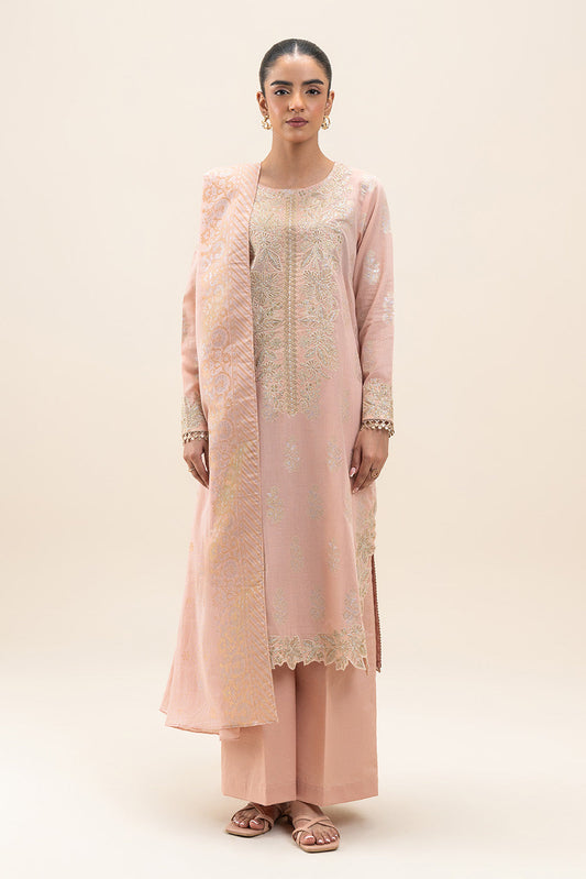 3 PIECE EMBROIDERED LUREX JACQUARAD  SUIT-BLUSH MELLOW