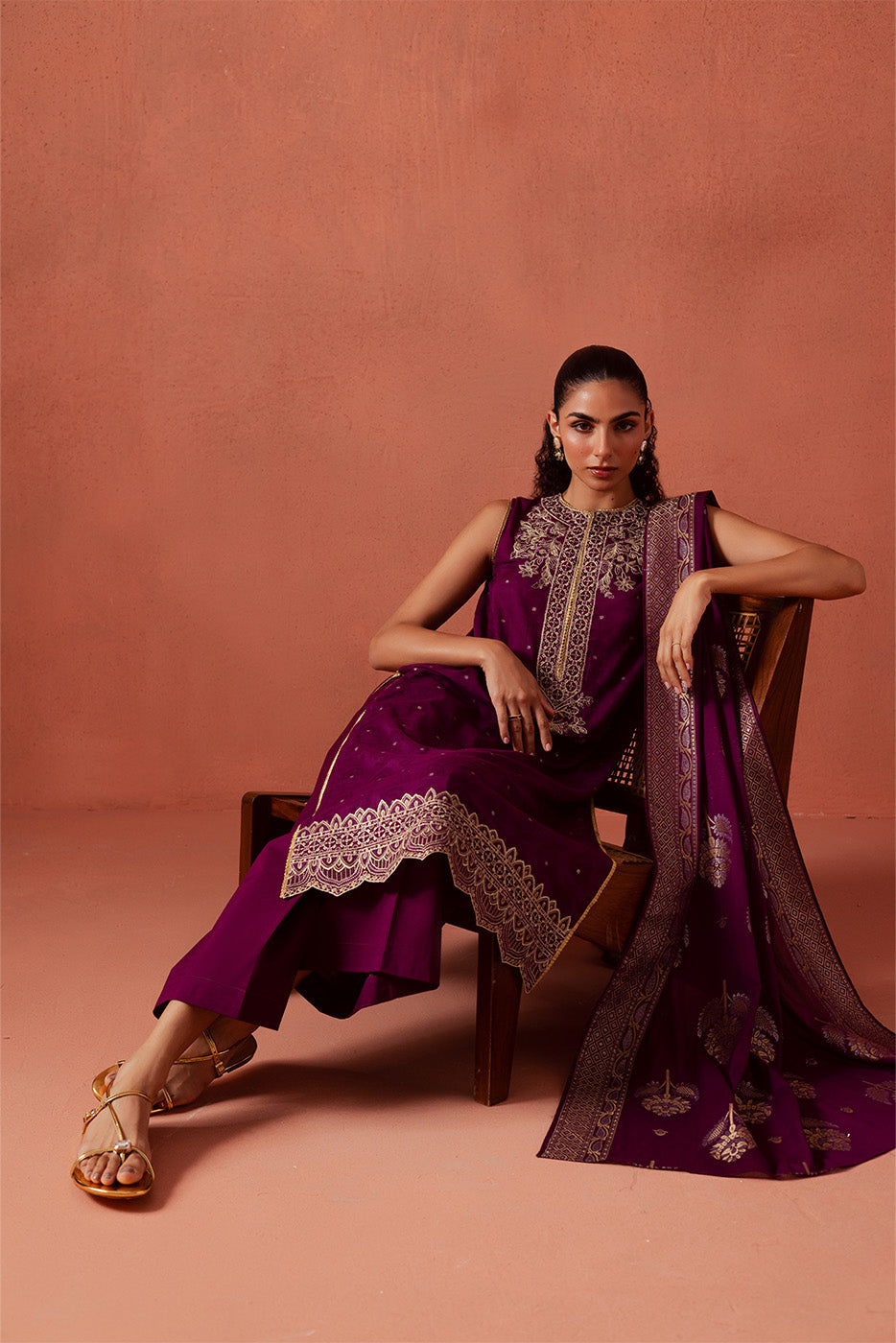 3 PIECE EMBROIDERED LUREX JACQUARAD SUIT-SOLSTICE MOON (UNSTITCHED)