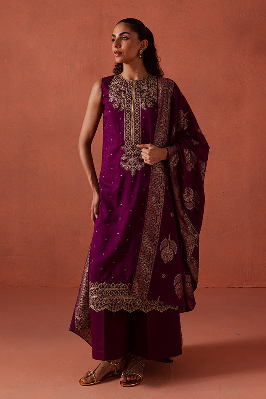 3 PIECE EMBROIDERED LUREX JACQUARAD  SUIT-SOLSTICE MOON (UNSTITCHED)