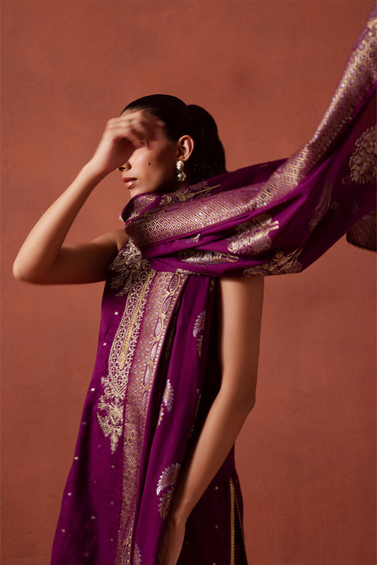 3 PIECE EMBROIDERED LUREX JACQUARAD  SUIT-SOLSTICE MOON (UNSTITCHED)