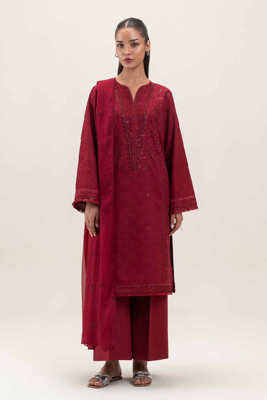 3 PIECE EMBROIDERED SELF JACQUARD SUIT-CHERRY MERLOT (UNSTITCHED)