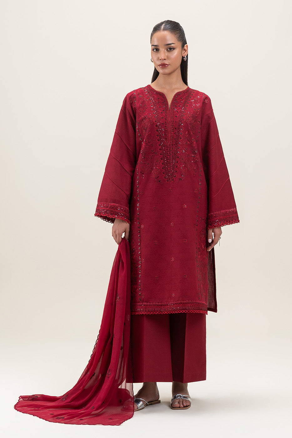 3 PIECE EMBROIDERED SELF JACQUARD SUIT-CHERRY MERLOT (UNSTITCHED)