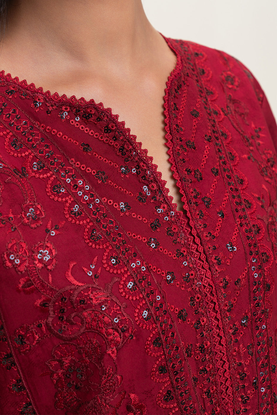 3 PIECE EMBROIDERED SELF JACQUARD SUIT-CHERRY MERLOT (UNSTITCHED)
