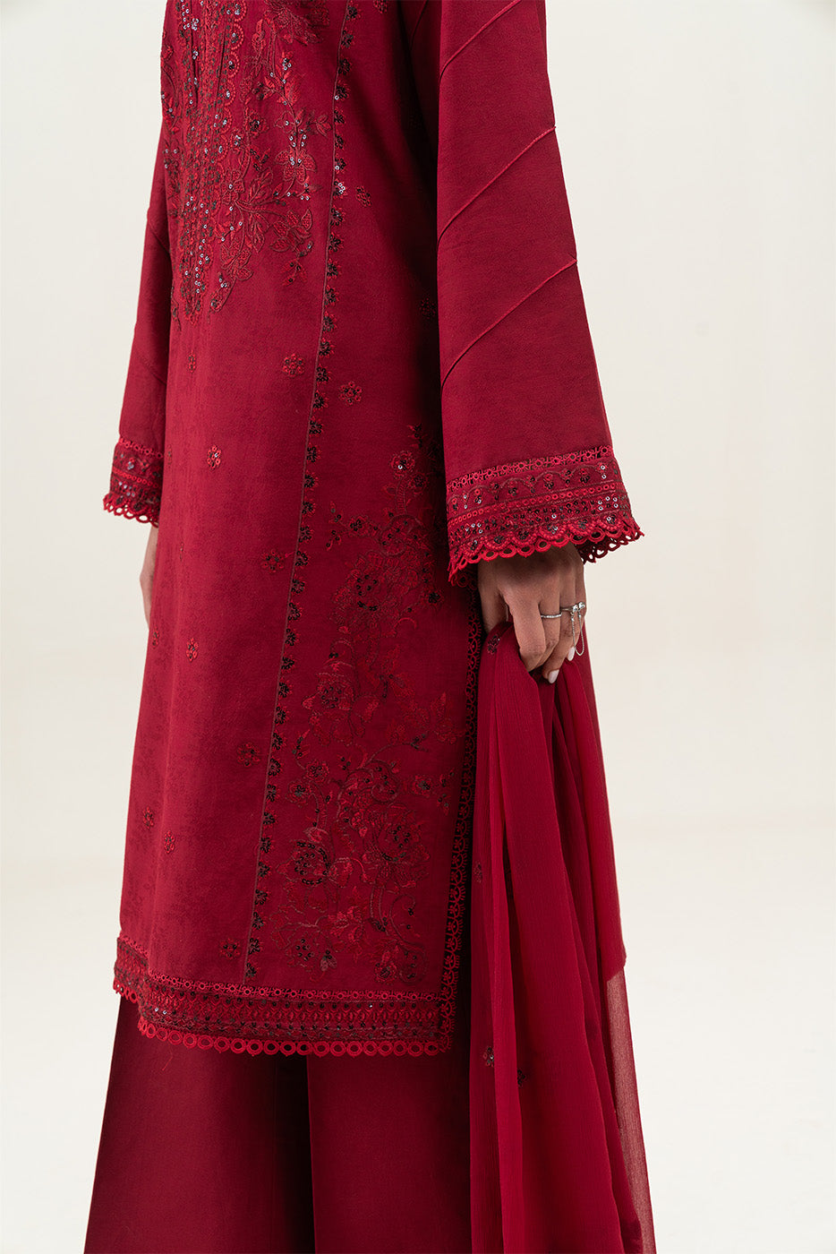 3 PIECE EMBROIDERED SELF JACQUARD SUIT-CHERRY MERLOT (UNSTITCHED)