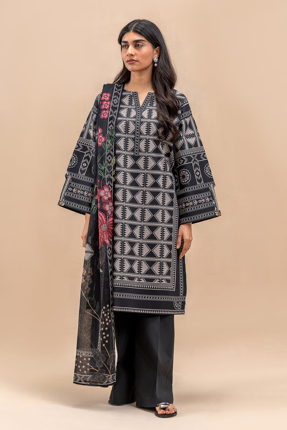 3 PIECE PRINTED LAWN SUIT-ONYX GRID (UNSTITCHED)