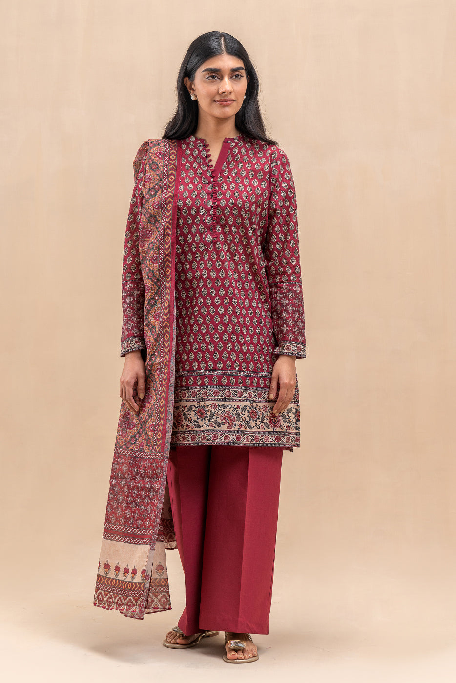 3 PIECE PRINTED LAWN SUIT-SCARLET MIST (UNSTITCHED)