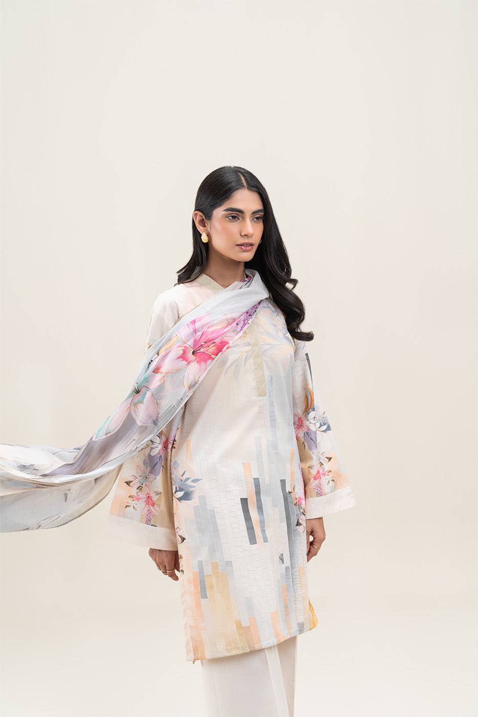 3 PIECE PRINTED LAWN LAWN SUIT-CERULEAN GRID (UNSTITCHED)