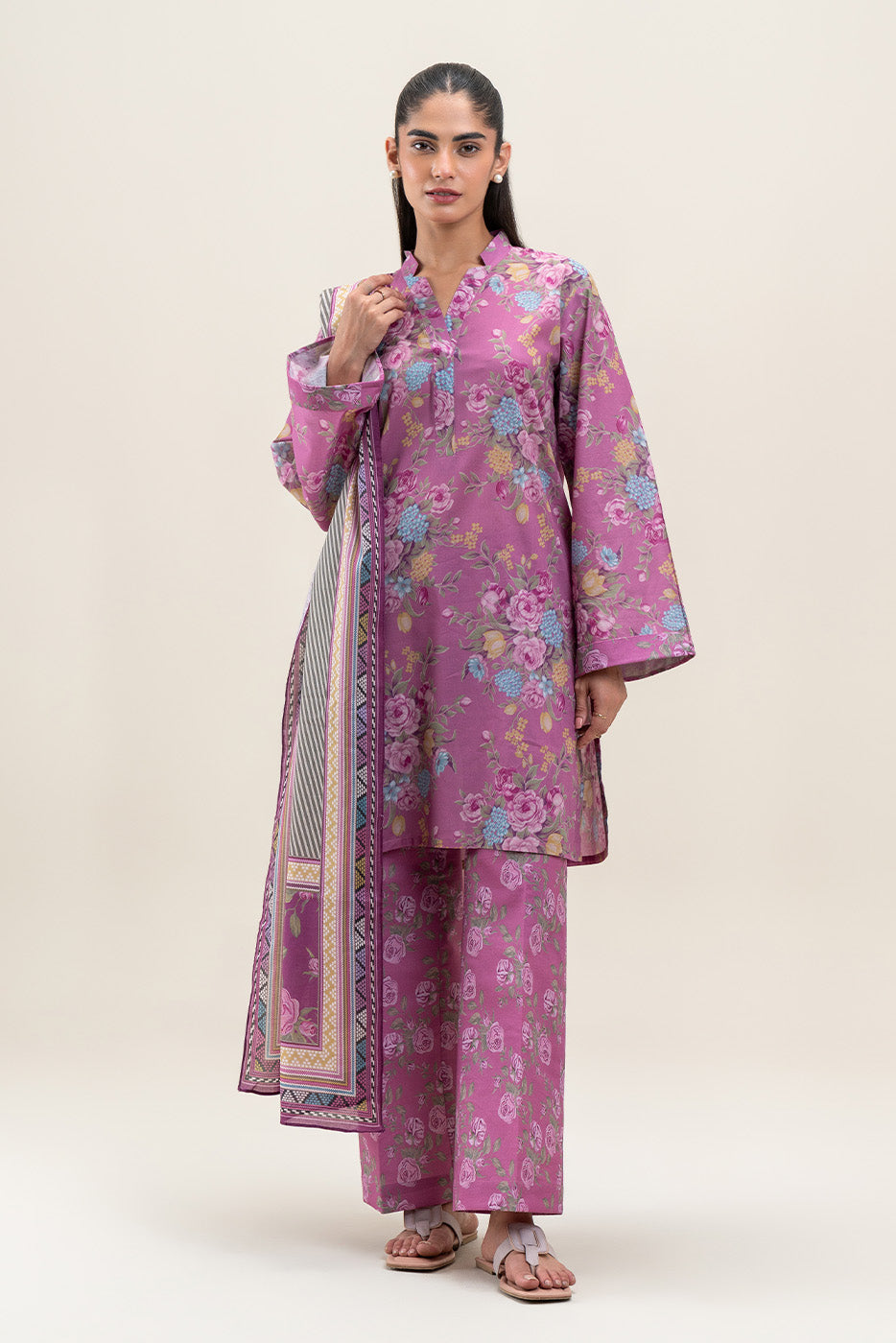 3 PIECE PRINTED LAWN LAWN SUIT-SALMON ROSE (UNSTITCHED)