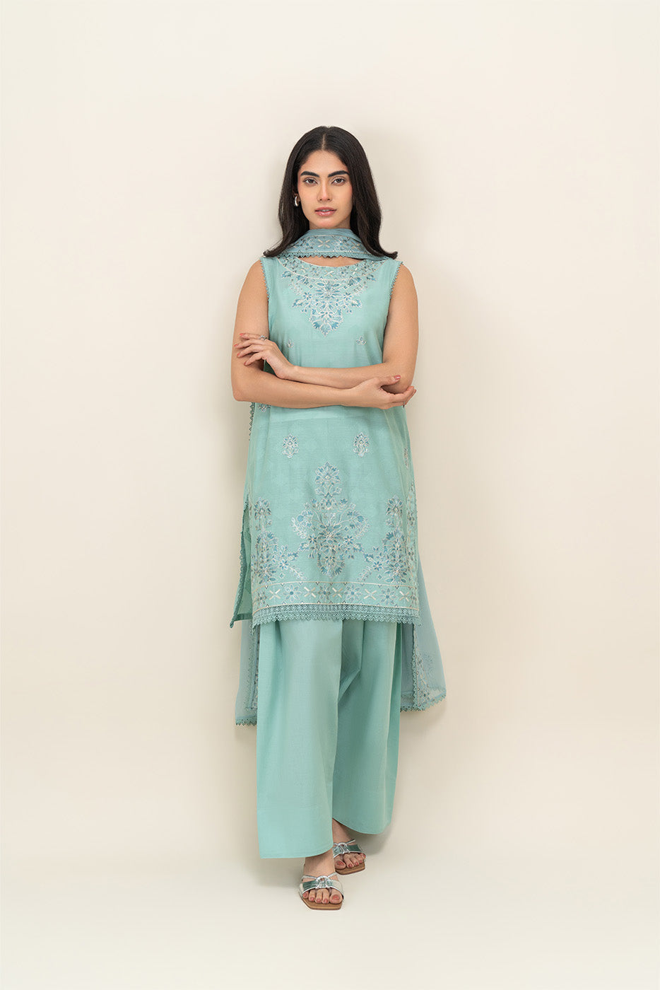 3 PIECE EMBROIDERED SELF JACQUARD SUIT-AQUA FROST (UNSTITCHED)