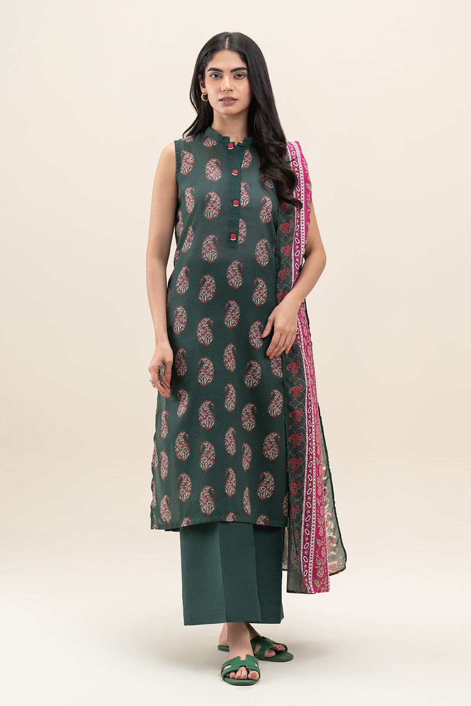 3 PIECE PRINTED LAWN SUIT-EMERALD PINE (UNSTITCHED)