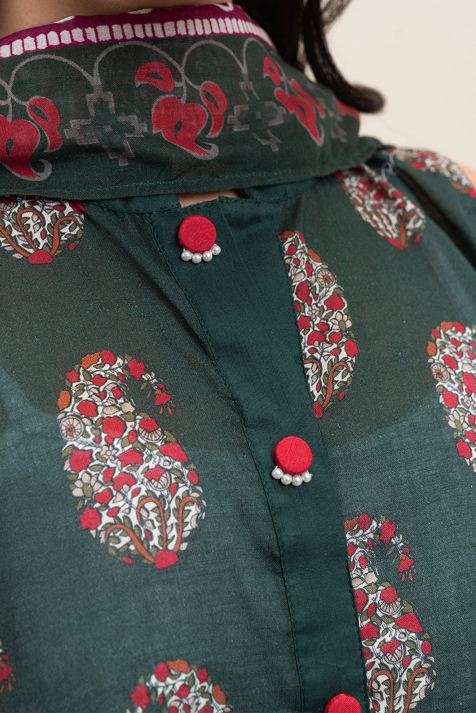 3 PIECE PRINTED LAWN SUIT-EMERALD PINE (UNSTITCHED)