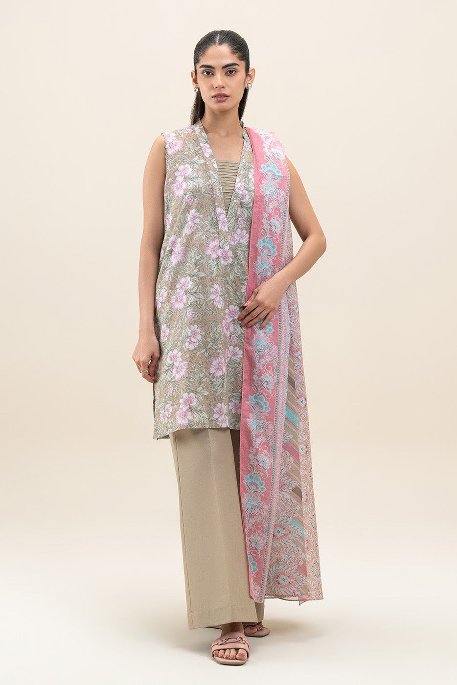 3 PIECE PRINTED LAWN SUIT-MOSS GREEN (UNSTITCHED)