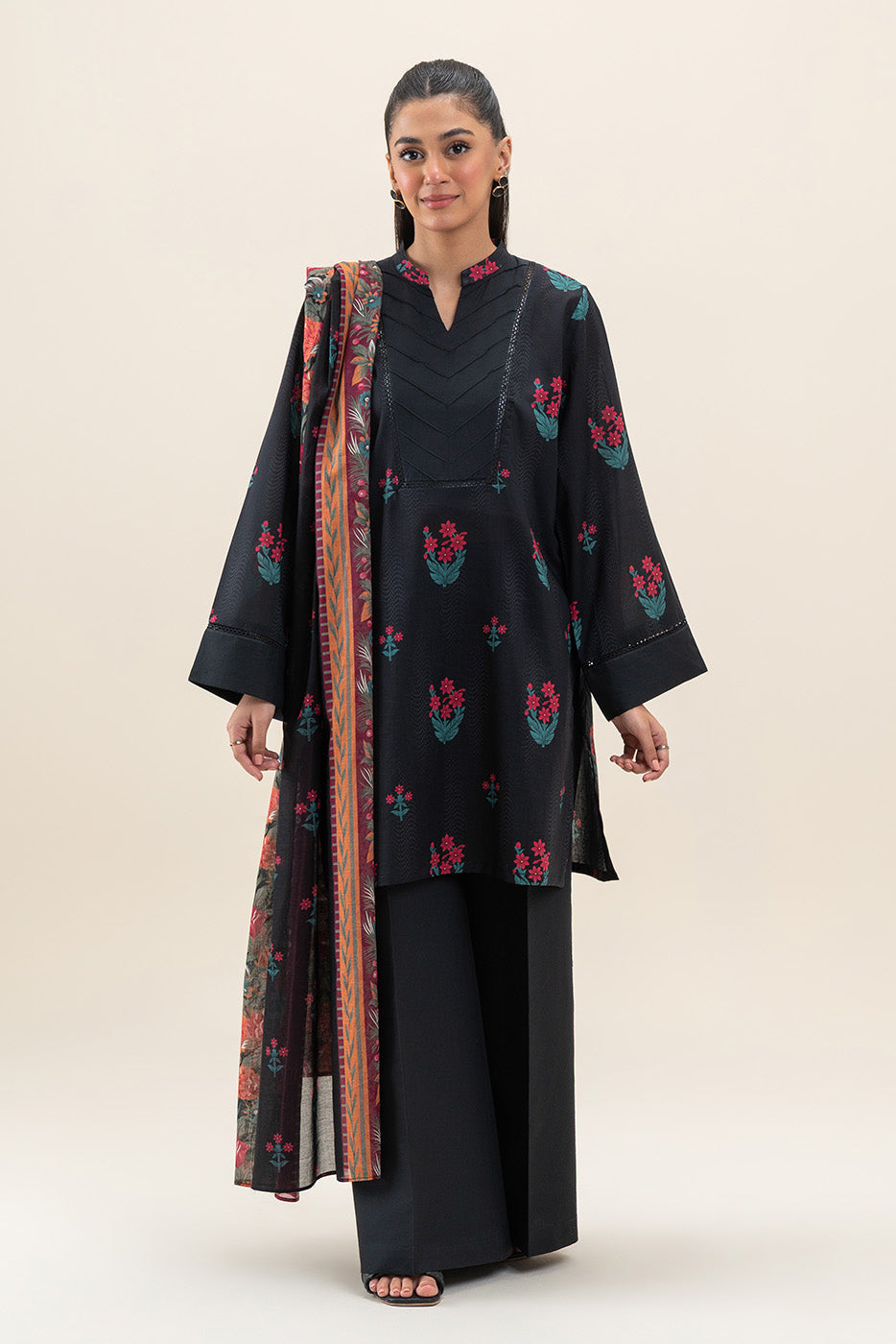 3 PIECE PRINTED LAWN SUIT-PITCH BLOSSOM (UNSTITCHED)