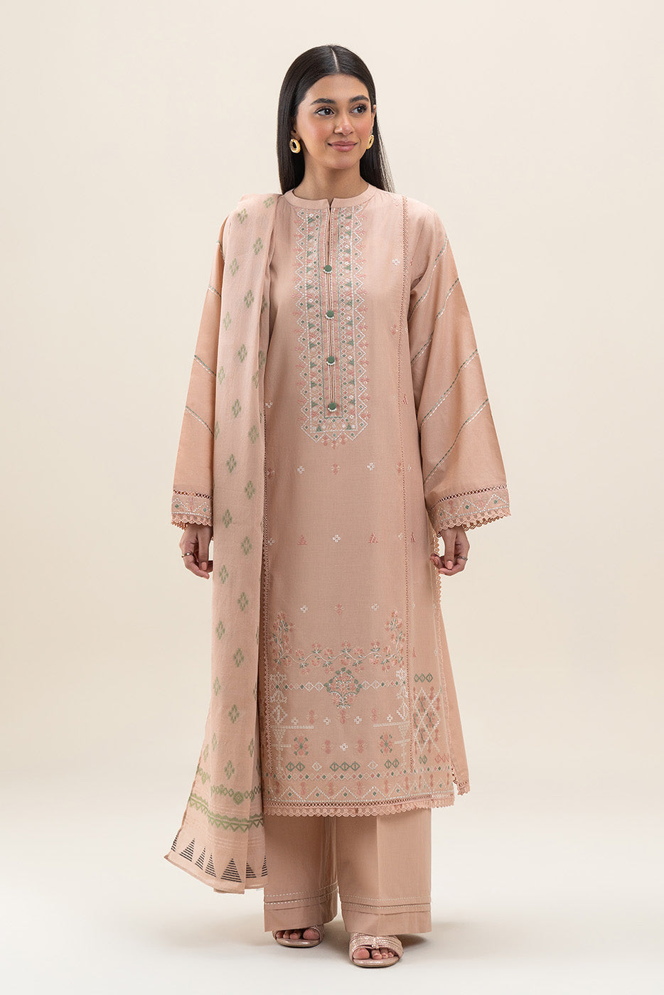 3 PIECE EMBROIDERED LAWN SUIT-PEACH CHARM (UNSTITCHED)