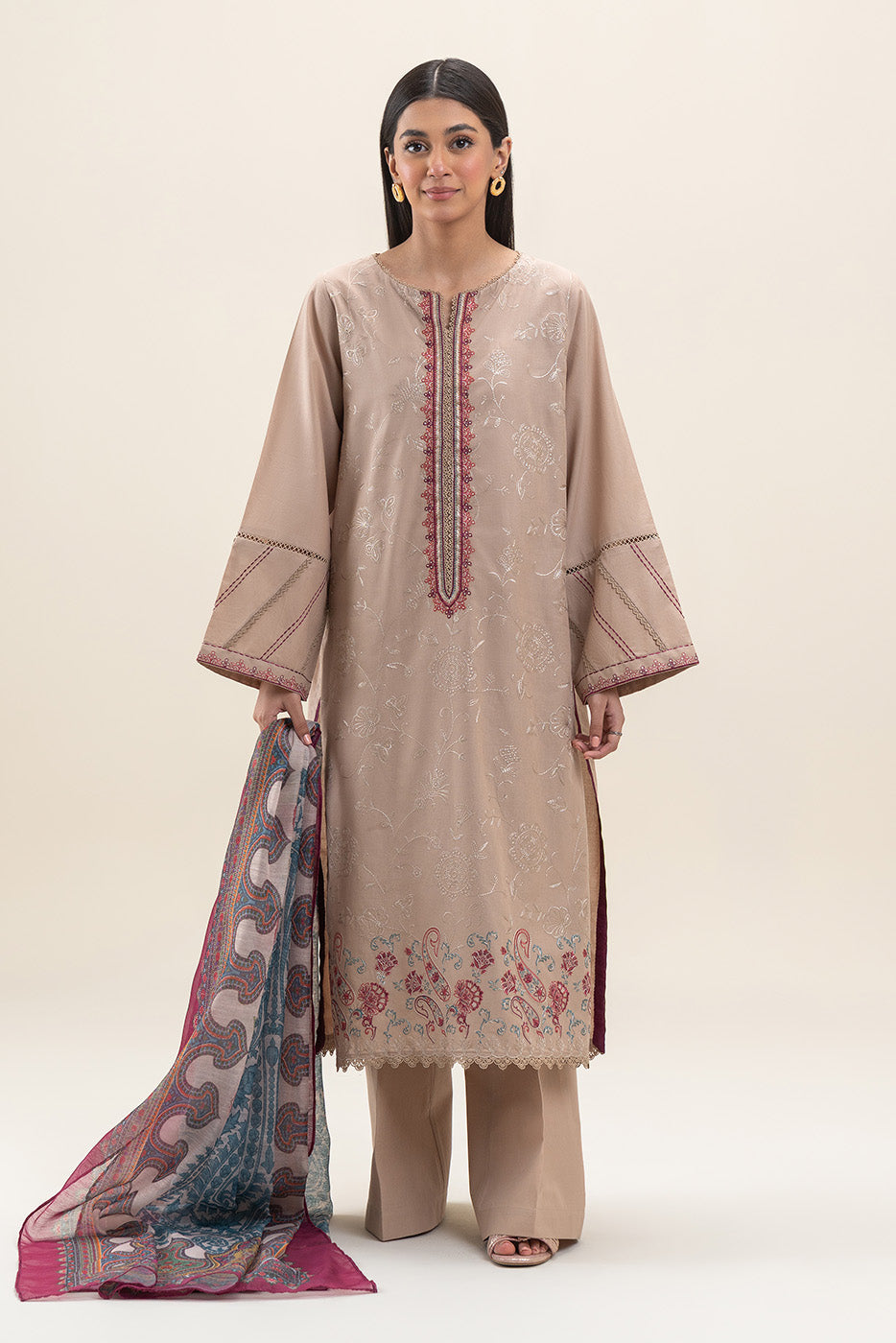 3 PIECE EMBROIDERED LAWN SUIT-SMOKE BEIGE (UNSTITCHED)