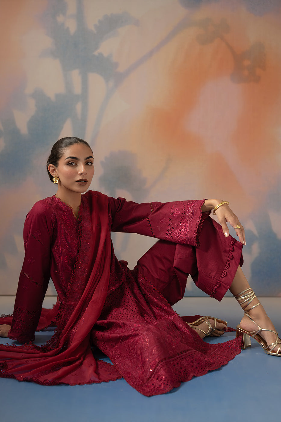 3 PIECE EMBROIDERED CHIKANKARI SUIT WITH BAMBER DUPATTA-CRIMSON CORE (UNSTITCHED)