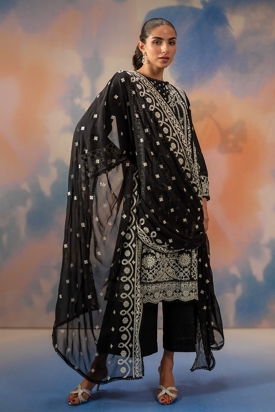 3 PIECE EMBROIDERED CHIKANKARI SUIT WITH BAMBER DUPATTA-NOIR STARLIT (UNSTITCHED)
