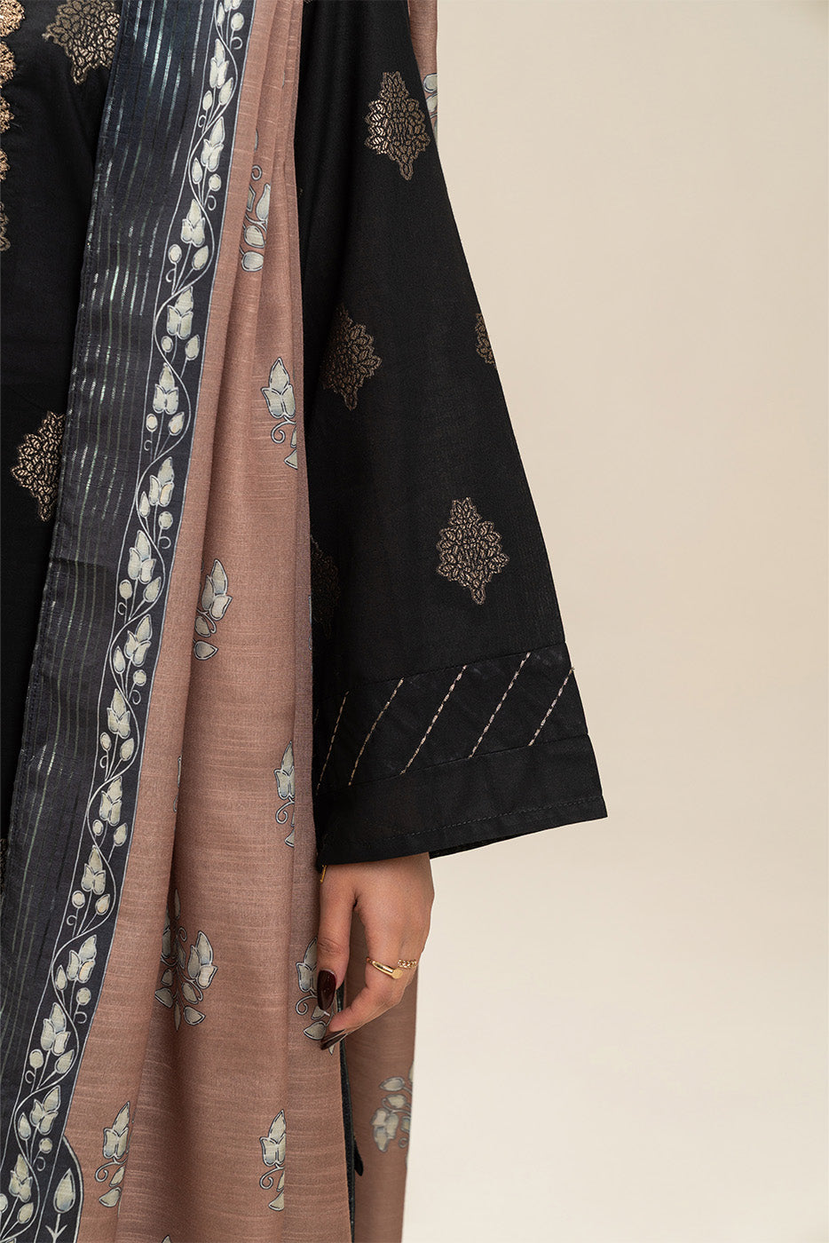 3 PIECE EMBROIDERED JACQUARD SUIT-ANTIQUE BRONZE (UNSTITCHED)