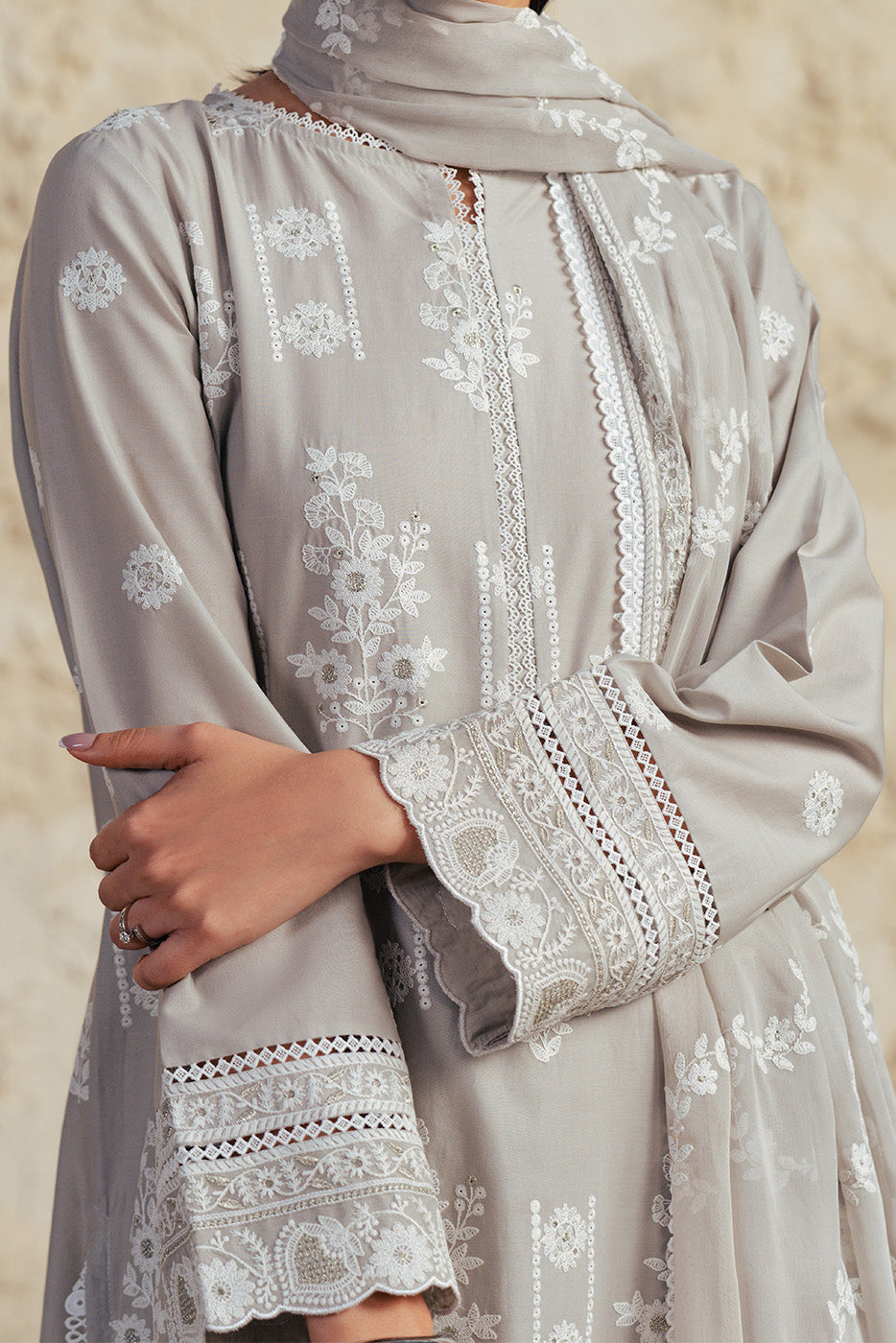 3 PIECE EMBROIDERED SUIT WITH BAMBER CHIFFON DUPATTA-GREY GRANITE (UNSTITCHED)