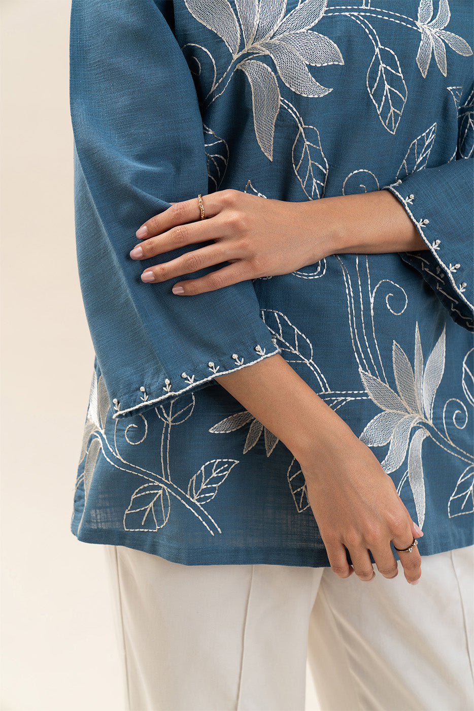 EMBROIDERED TWO WAY SLUB SHIRT (PRET)