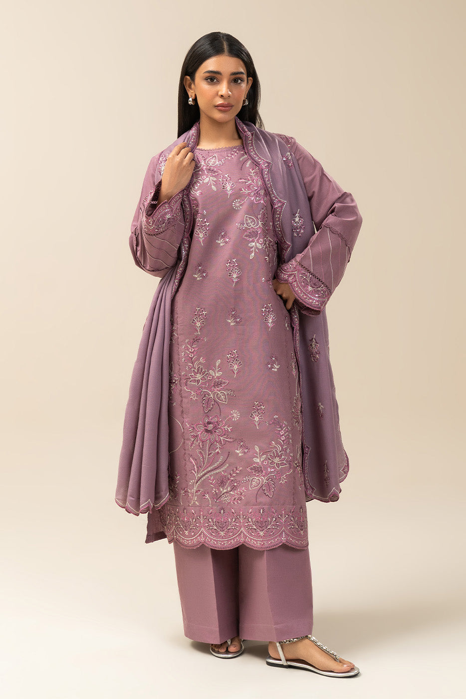 3 PIECE EMBROIDERED SLUB KHADDAR SUIT-MISTY ROSE (UNSTITCHED)
