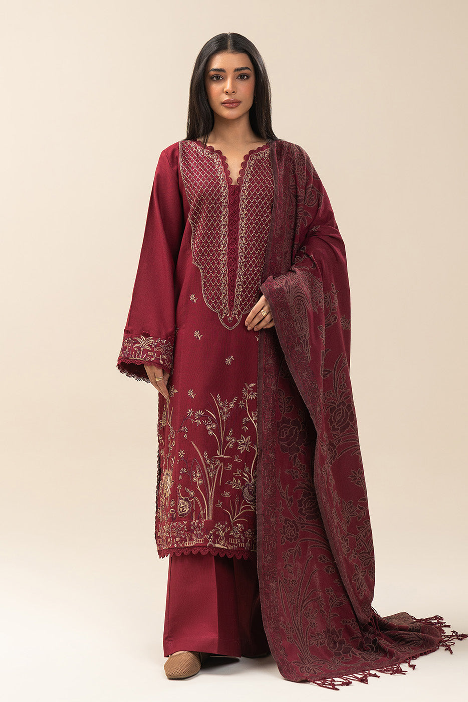 3 PIECE EMBROIDERED SLUB KHADDAR SUIT-JAPANESE MAPLE (UNSTITCHED)