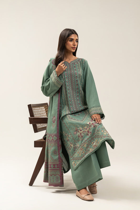 3 PIECE EMBROIDERED SLUB KHADDAR SUIT-SAGE AMBUSH (UNSTITCHED)