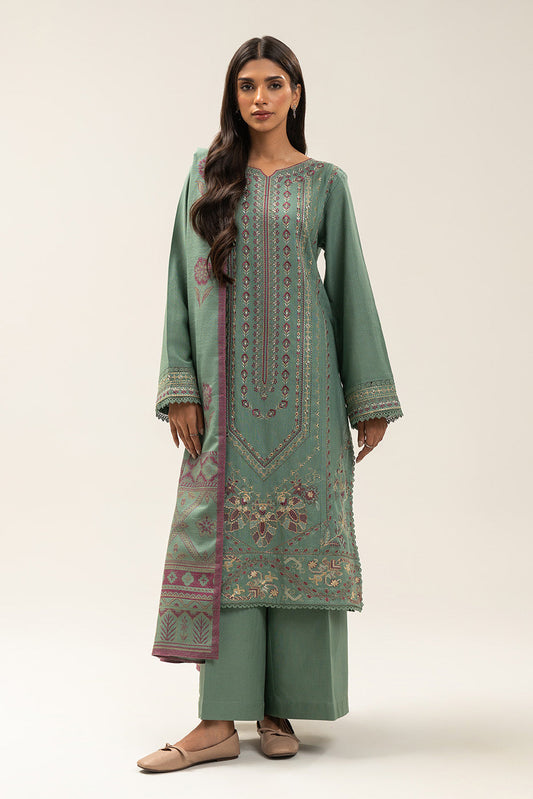 3 PIECE EMBROIDERED SLUB KHADDAR SUIT-SAGE AMBUSH (UNSTITCHED)