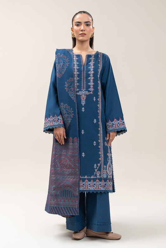 3 PIECE EMBROIDERED SLUB KHADDAR SUIT-COBALT BLISS (UNSTITCHED)