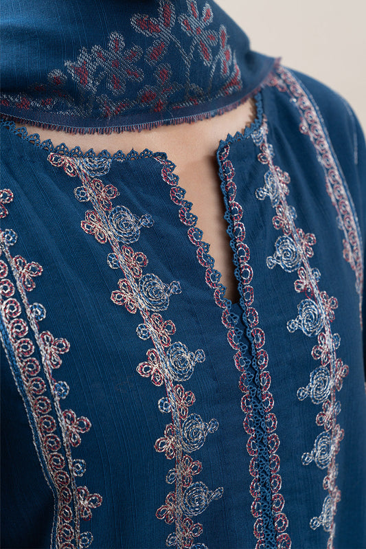 3 PIECE EMBROIDERED SLUB KHADDAR SUIT-COBALT BLISS (UNSTITCHED)