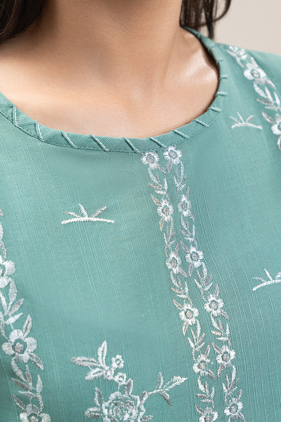 3 PIECE EMBROIDERED SLUB KHADDAR SUIT-MINT GLAM (UNSTITCHED)