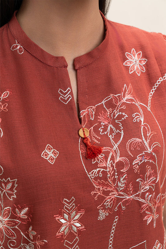 2 PIECE EMBROIDERED SLUB KHADDAR SUIT-RUSTIC MUSK