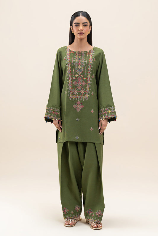 2 PIECE EMBROIDERED SLUB KHADDAR SUIT-BASIL MOSS