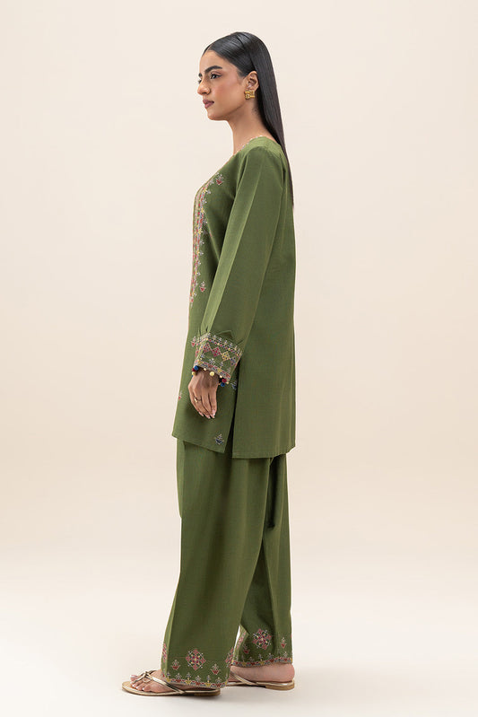 2 PIECE EMBROIDERED SLUB KHADDAR SUIT-BASIL MOSS