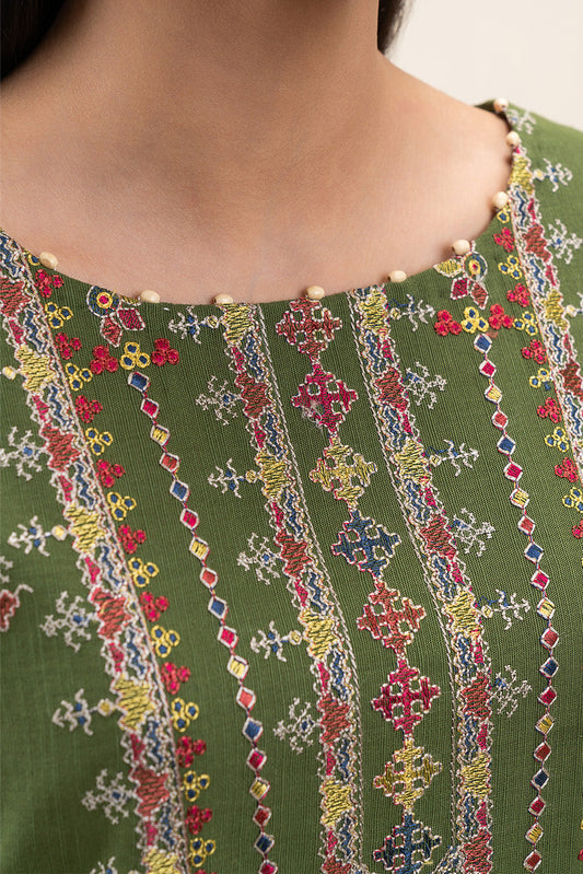 2 PIECE EMBROIDERED SLUB KHADDAR SUIT-BASIL MOSS