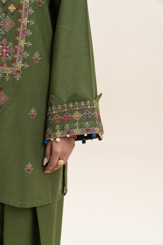 2 PIECE EMBROIDERED SLUB KHADDAR SUIT-BASIL MOSS