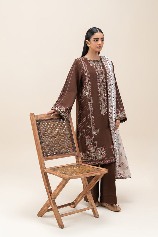 3 PIECE EMBROIDERED SLUB KHADDAR SUIT-UMBER MUD