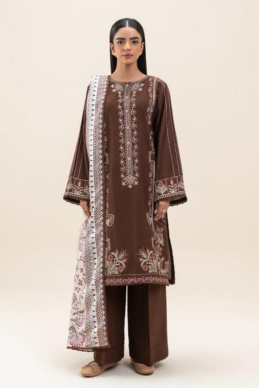 3 PIECE EMBROIDERED SLUB KHADDAR SUIT-UMBER MUD